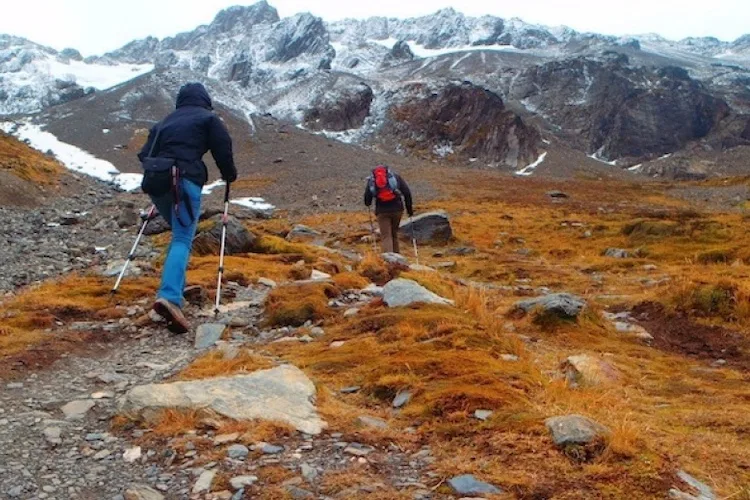 Senderistas subiendo al Glaciar Martial entre pastizales dorados y picos nevados