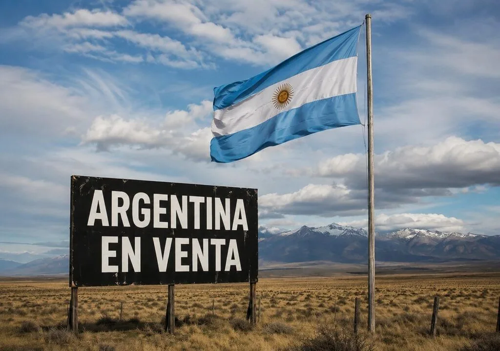 Cartel "Argentina en venta" junto a la bandera nacional, en el campo patagónico