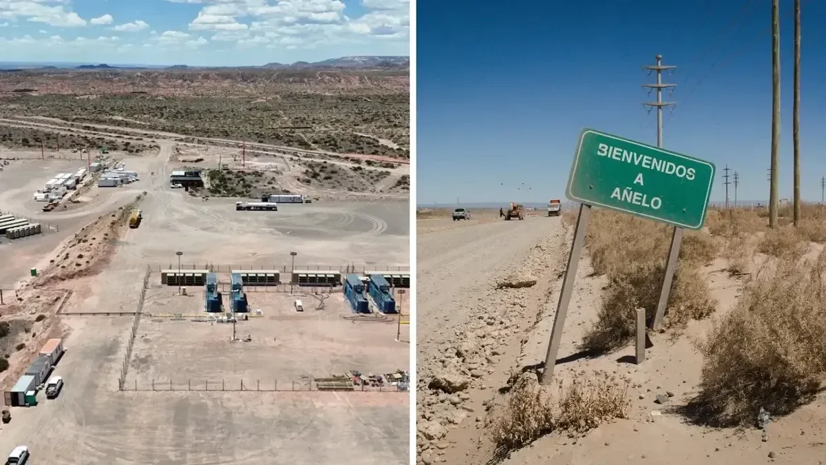 Instalación industrial sobre la estepa neuquina y el cartel de bienvenida a Añelo