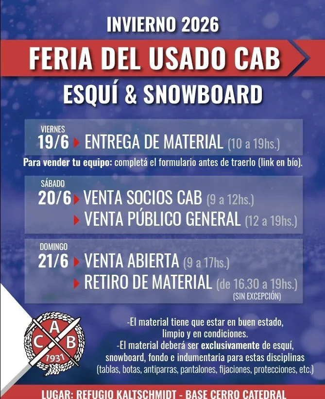 Feria de invierno CAB: el mercado de equipamiento de montaña vuelve a Bariloche