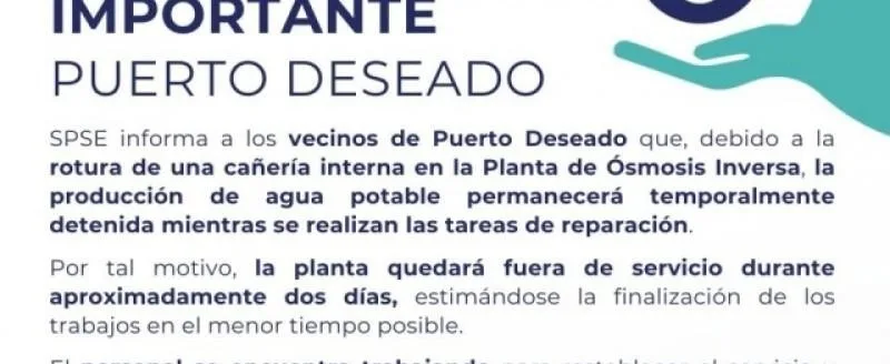Puerto Deseado sin agua: rotura en planta de ósmosis frena la producción
