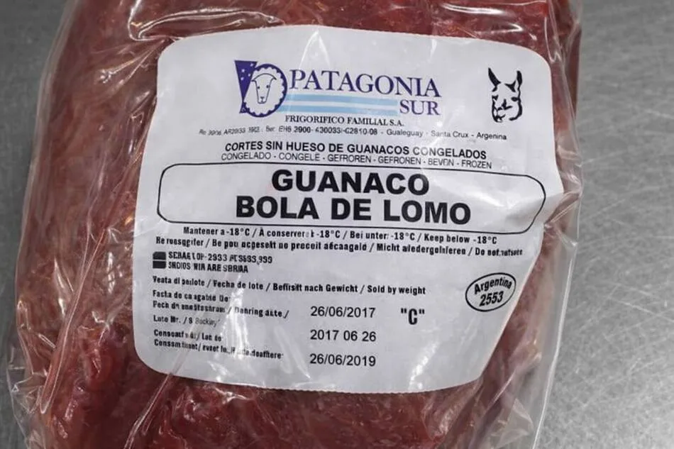 Guanaco meat package with multilingual labels for export