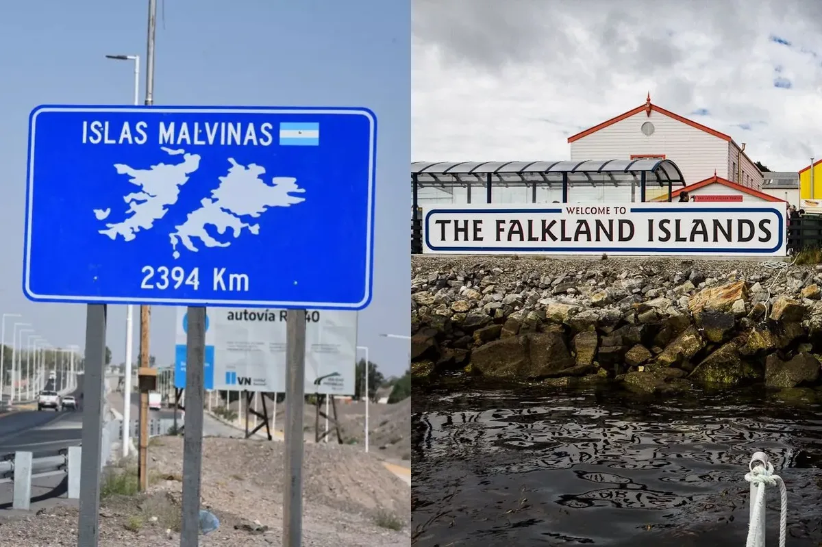 Cartel de la Ruta 3 hacia Malvinas junto al cartel de bienvenida a las Falkland Islands