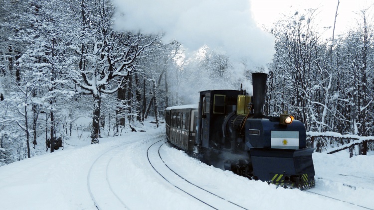 Tren del Fin del Mundo atravesando el bosque fueguino nevado